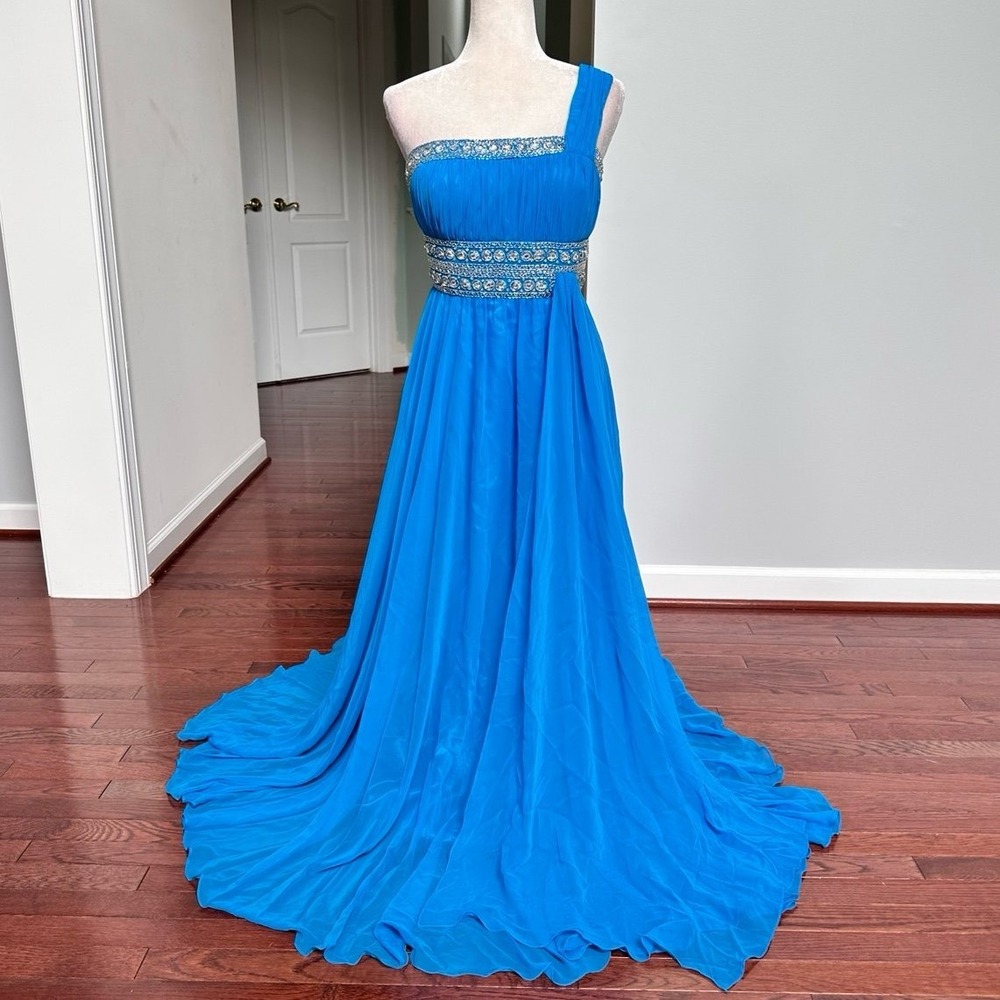 Vintage Aspeed USA Blue One Shoulder Silver Embellished Beaded Gown Dress